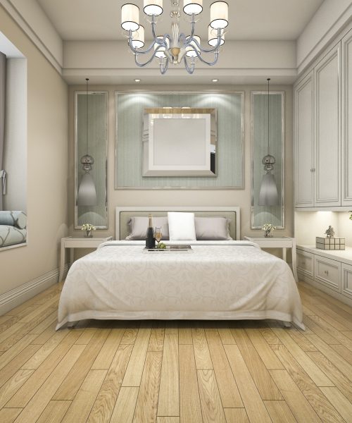 3d rendering modern luxury classic bedroom with wood floor and white decor